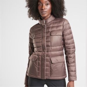 Athleta Pulse Reversible Goose Down Puffer Coat Mineral Brown Off White *No hood